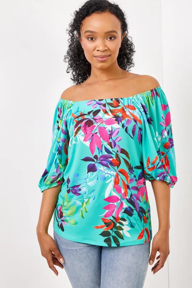 Green Petite Tropical Print Square Neck Top Women Roman Tops