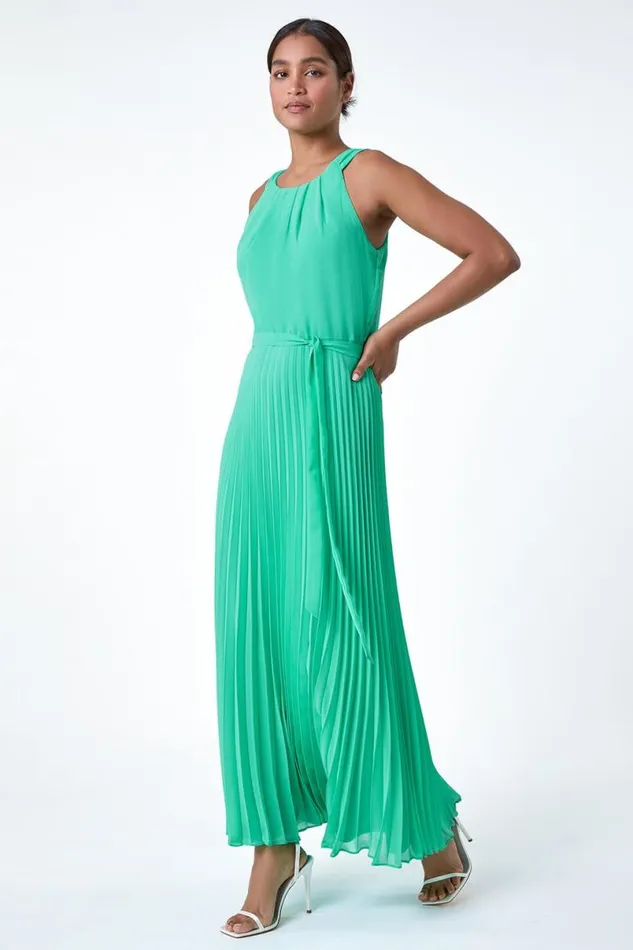 Green Pleated Halter Neck Maxi Dress Women Roman Dresses