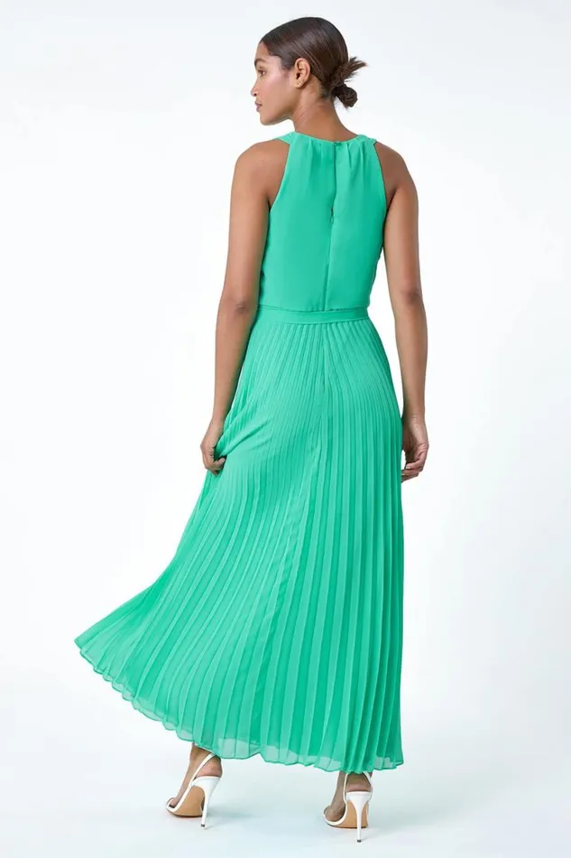 Green Pleated Halter Neck Maxi Dress Women Roman Dresses