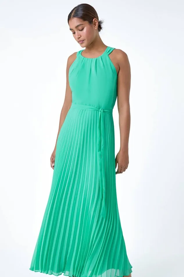 Green Pleated Halter Neck Maxi Dress Women Roman Dresses
