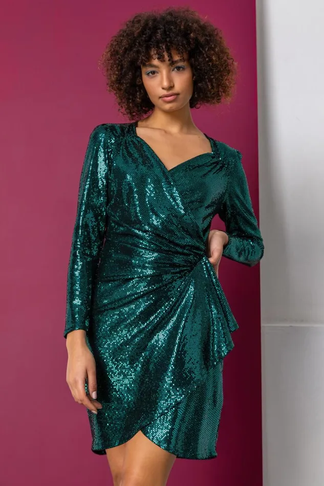 Green Sparkle Embellished Ruched Wrap Dress Women Roman Dresses