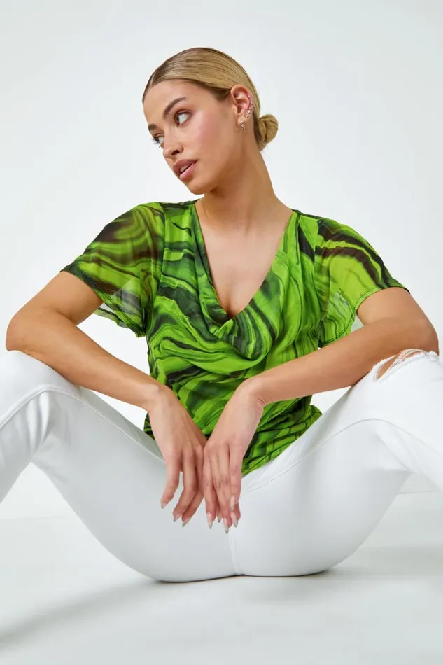 Green Swirl Print Stretch Cut Out Top Women Roman Tops