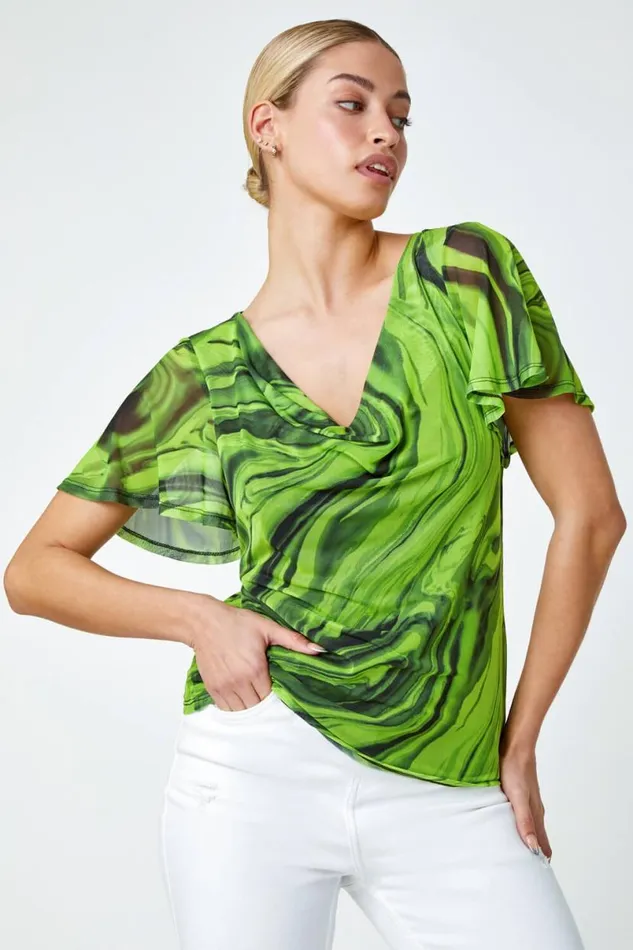 Green Swirl Print Stretch Cut Out Top Women Roman Tops
