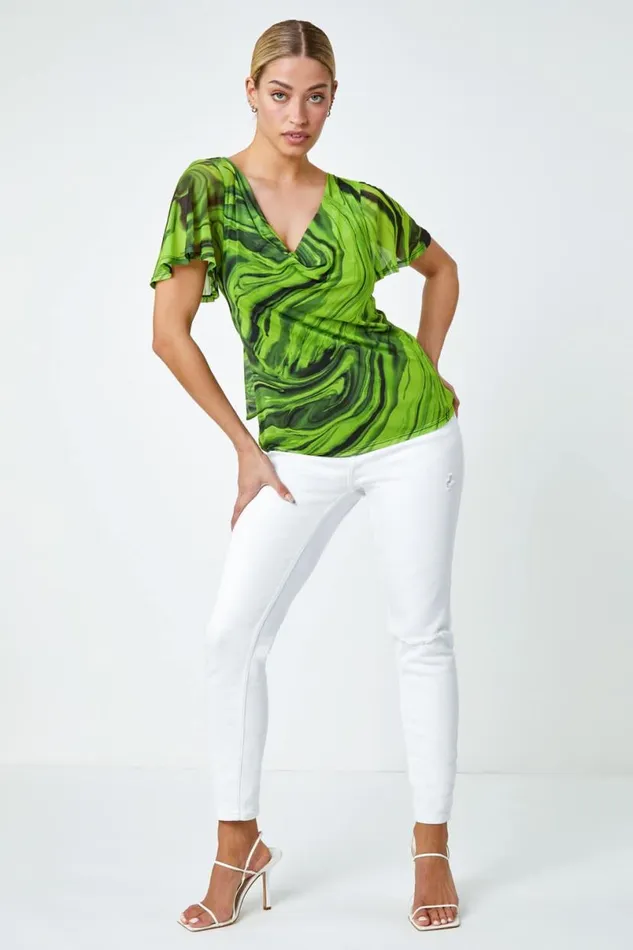 Green Swirl Print Stretch Cut Out Top Women Roman Tops