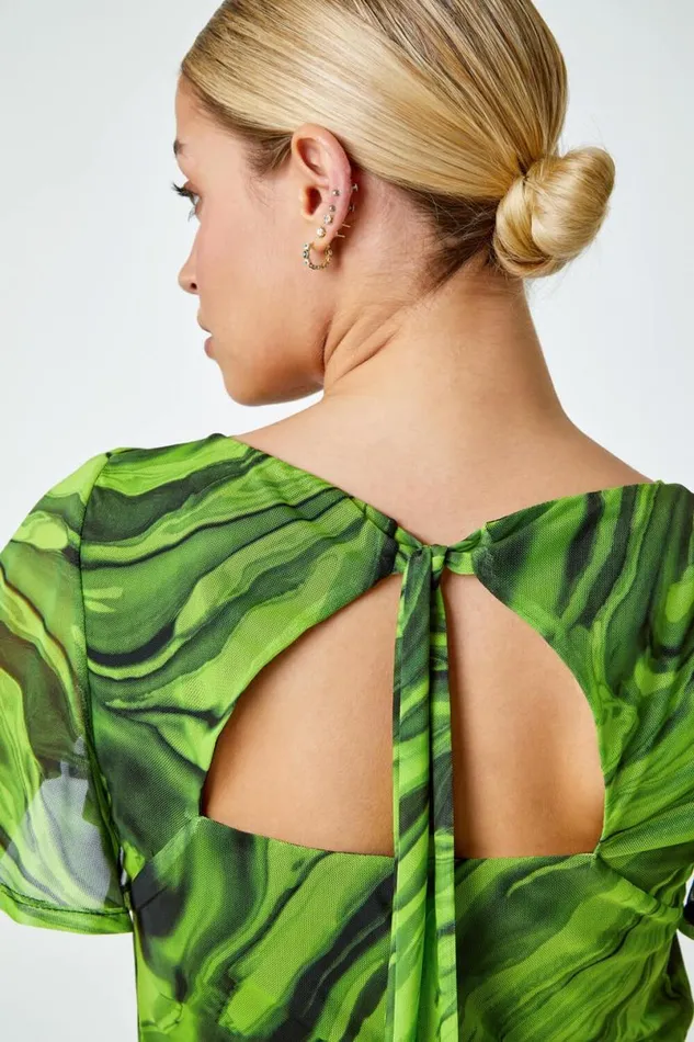 Green Swirl Print Stretch Cut Out Top Women Roman Tops