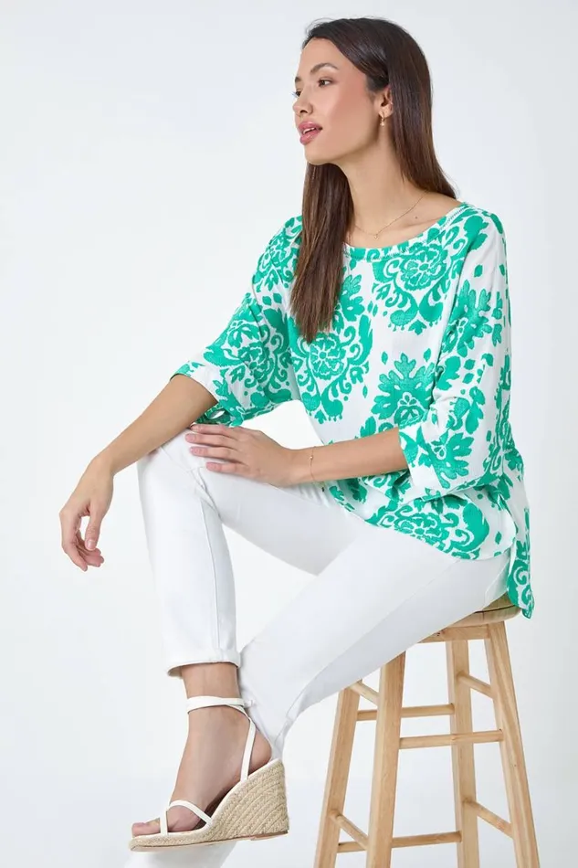 Green Textured Paisley Print Tunic Top Women Roman Tops