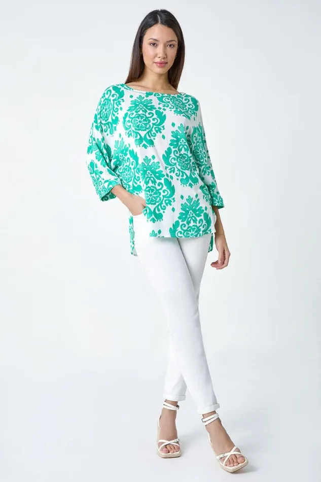 Green Textured Paisley Print Tunic Top Women Roman Tops