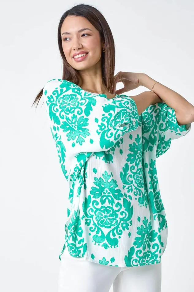 Green Textured Paisley Print Tunic Top Women Roman Tops
