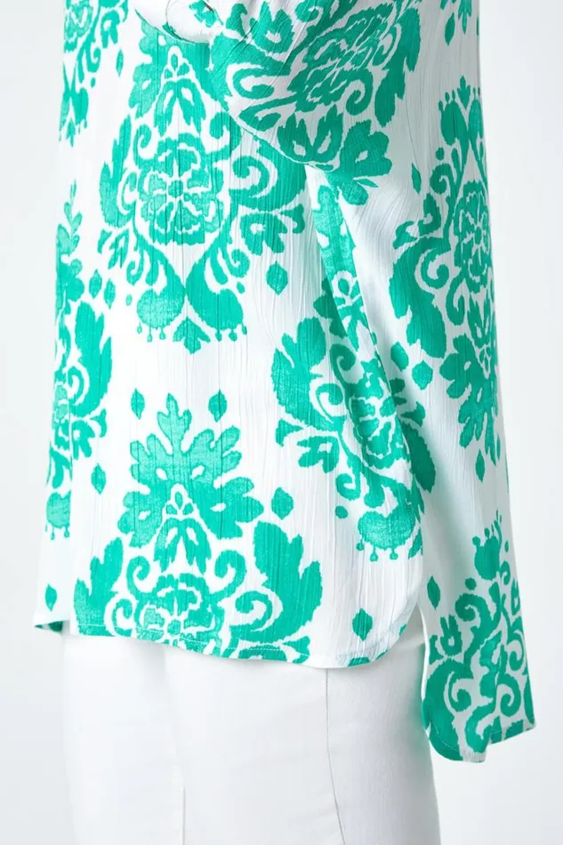 Green Textured Paisley Print Tunic Top Women Roman Tops