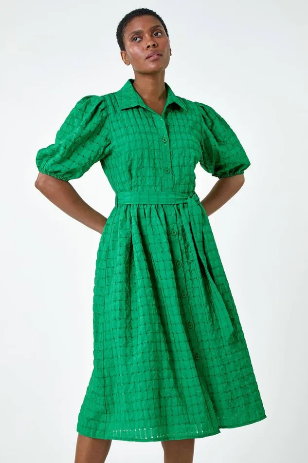Green Textured Puff Sleeve Midi Shirt Dress Women Roman Dresses