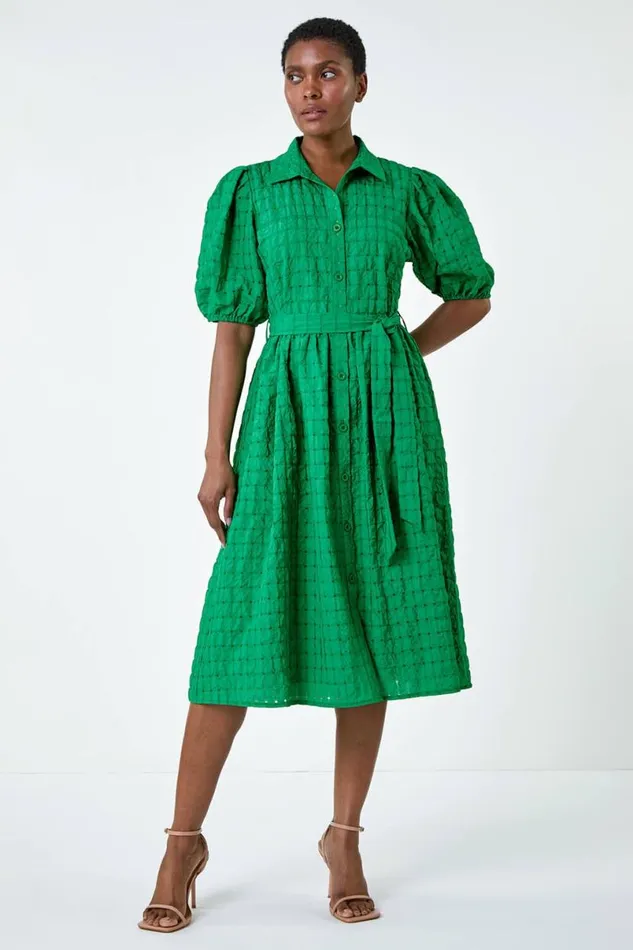 Green Textured Puff Sleeve Midi Shirt Dress Women Roman Dresses