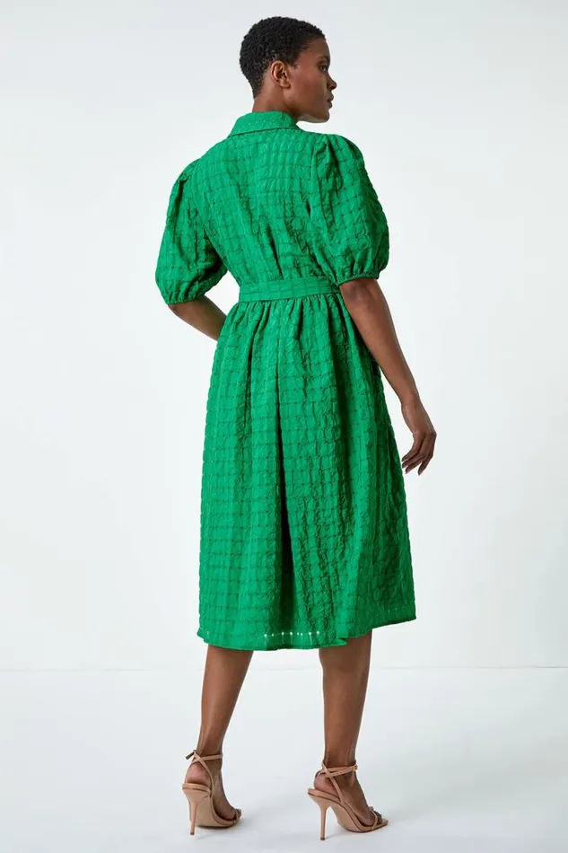 Green Textured Puff Sleeve Midi Shirt Dress Women Roman Dresses