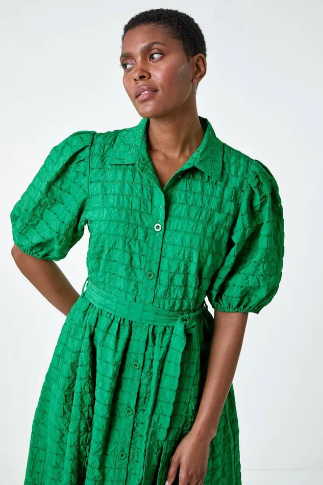 Green Textured Puff Sleeve Midi Shirt Dress Women Roman Dresses