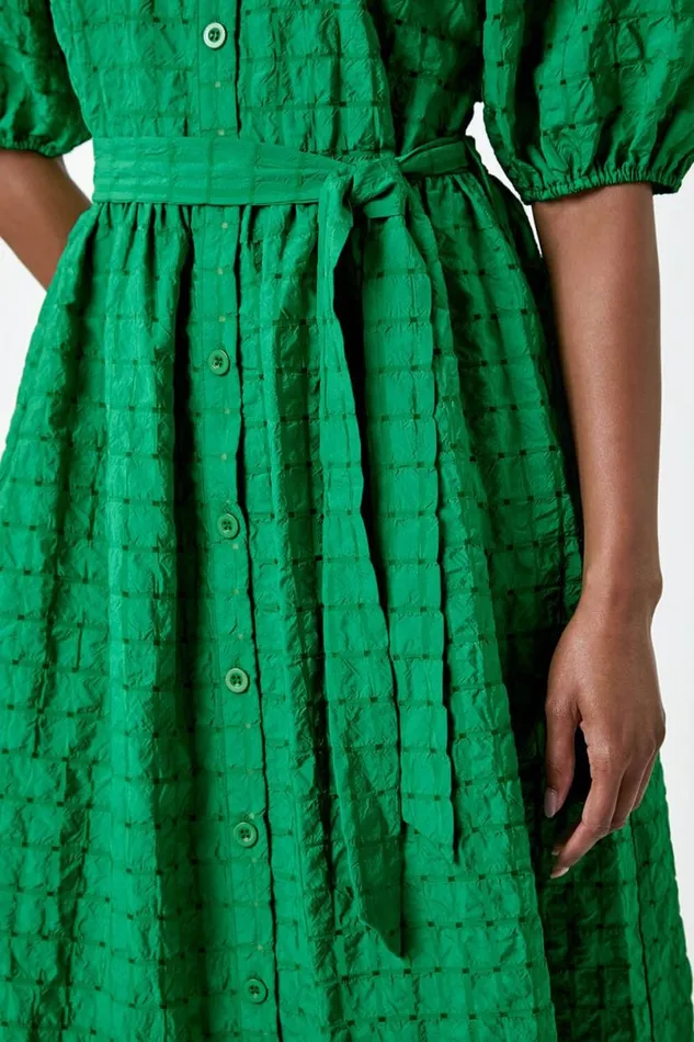 Green Textured Puff Sleeve Midi Shirt Dress Women Roman Dresses