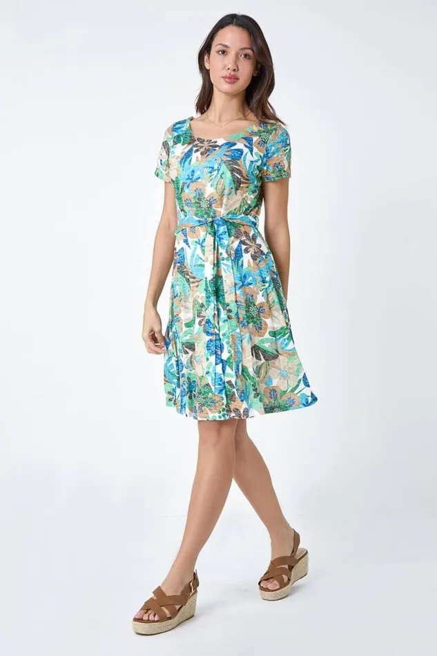Green Tropical Print Belted Dress Women Roman Dresses