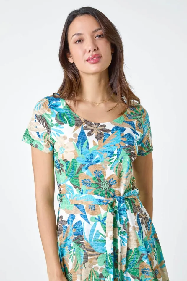 Green Tropical Print Belted Dress Women Roman Dresses