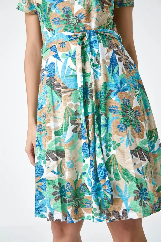 Green Tropical Print Belted Dress Women Roman Dresses
