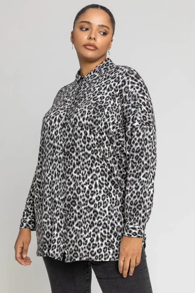 Grey Curve Animal Print Button Shirt Women Roman Tops