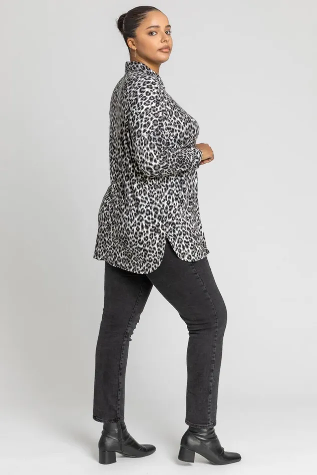 Grey Curve Animal Print Button Shirt Women Roman Tops