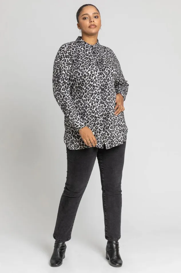 Grey Curve Animal Print Button Shirt Women Roman Tops