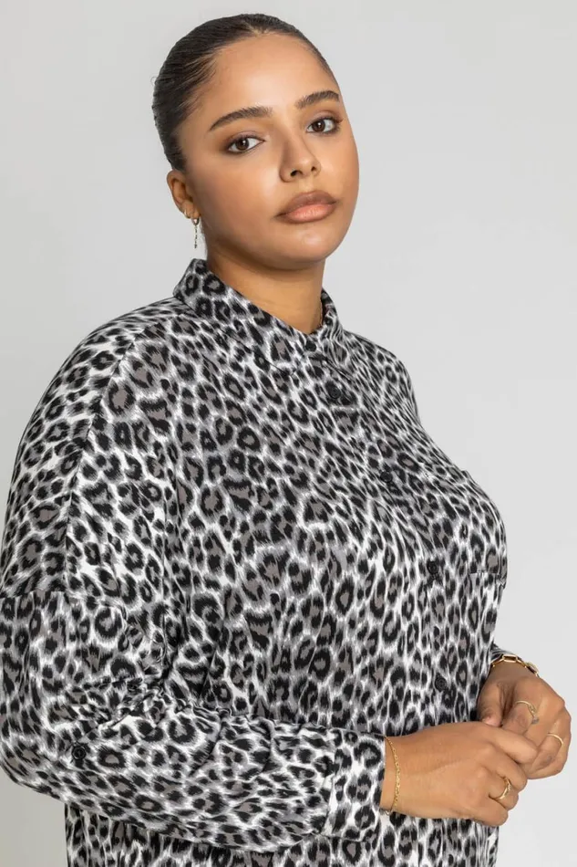 Grey Curve Animal Print Button Shirt Women Roman Tops