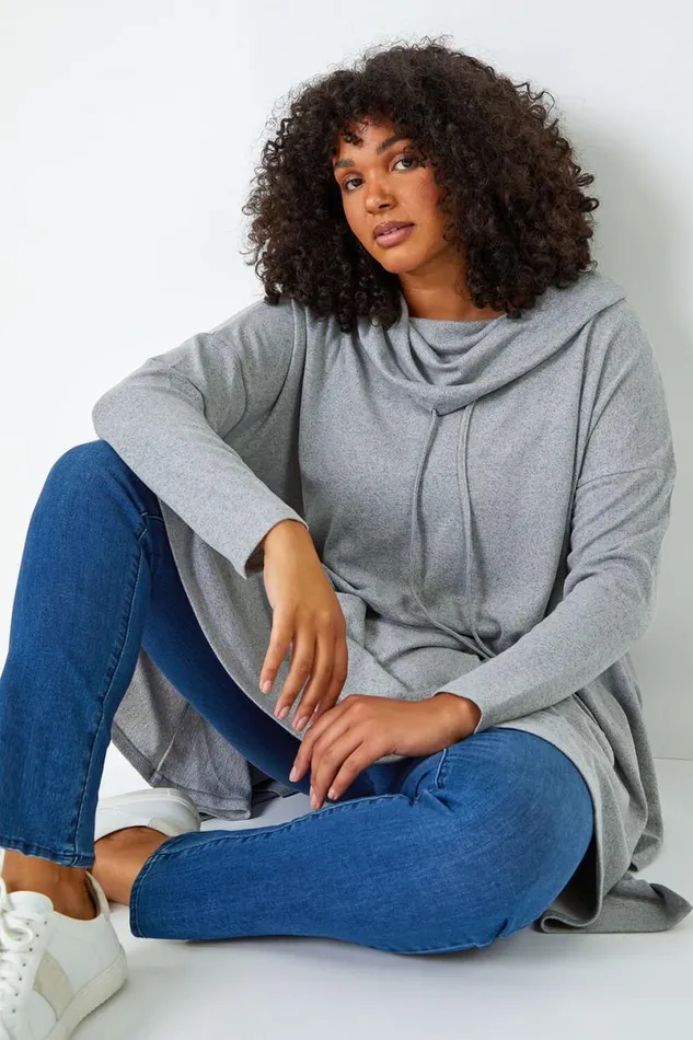 Grey Curve Cowl Neck Relaxed Stretch Tunic Top Women Roman Tops