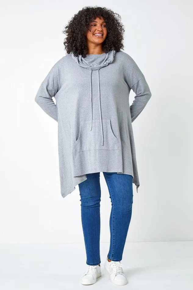 Grey Curve Cowl Neck Relaxed Stretch Tunic Top Women Roman Tops