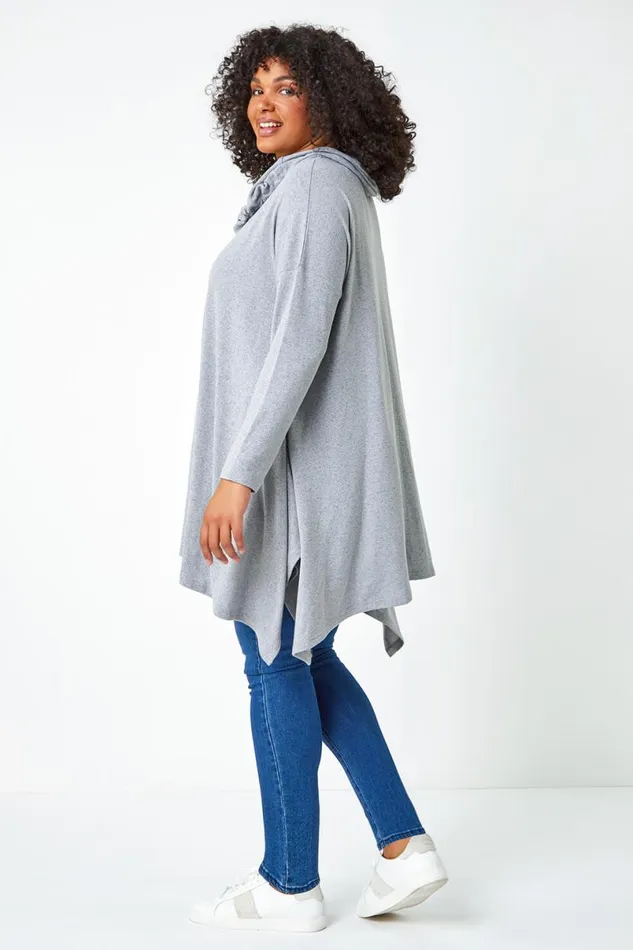 Grey Curve Cowl Neck Relaxed Stretch Tunic Top Women Roman Tops