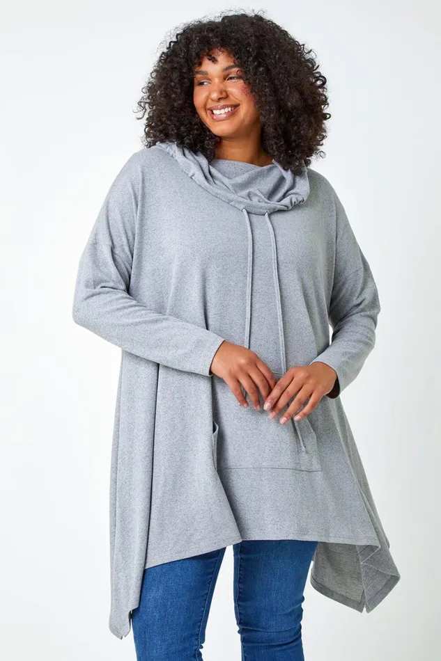 Grey Curve Cowl Neck Relaxed Stretch Tunic Top Women Roman Tops
