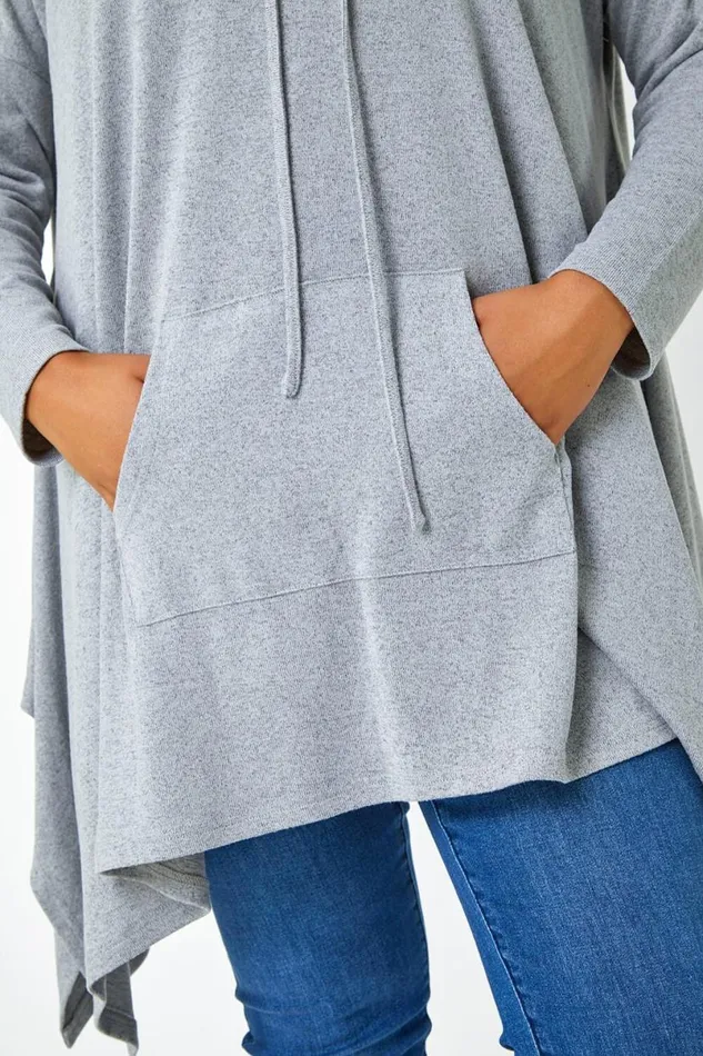 Grey Curve Cowl Neck Relaxed Stretch Tunic Top Women Roman Tops