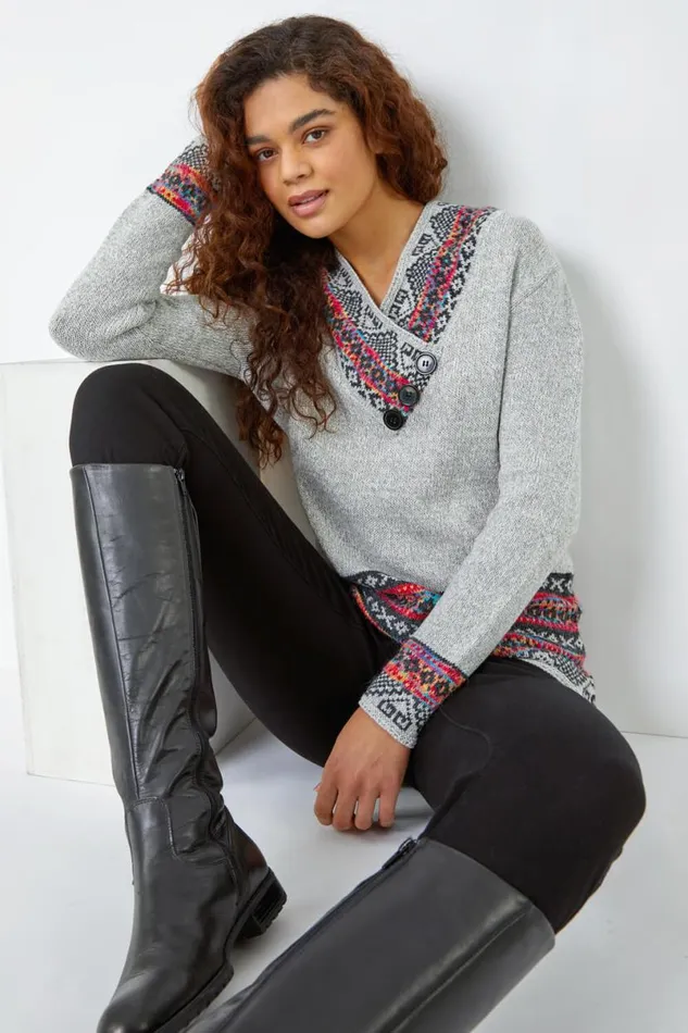 Grey Nordic Print Button Detail VNeck Jumper Women Roman Knitwear