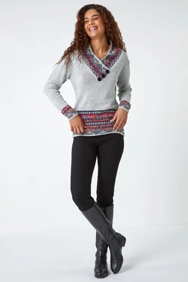 Grey Nordic Print Button Detail VNeck Jumper Women Roman Knitwear