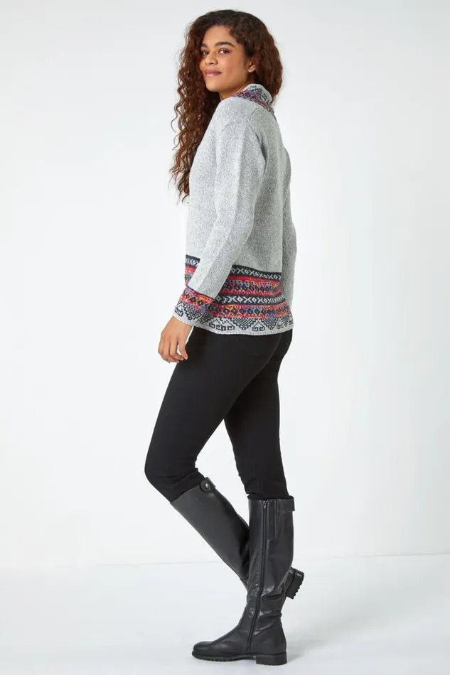 Grey Nordic Print Button Detail VNeck Jumper Women Roman Knitwear