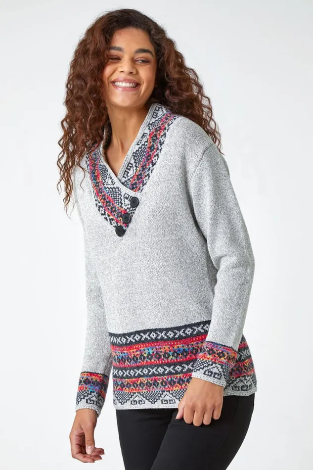 Grey Nordic Print Button Detail VNeck Jumper Women Roman Knitwear