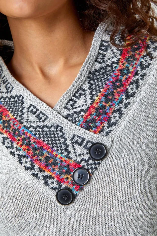 Grey Nordic Print Button Detail VNeck Jumper Women Roman Knitwear