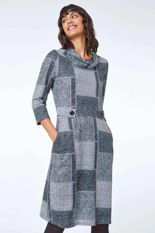 Grey Patchwork Cowl Neck Button Detail Dress Women Roman Dresses