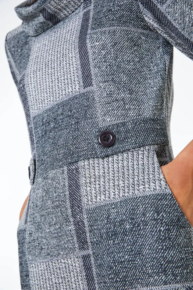 Grey Patchwork Cowl Neck Button Detail Dress Women Roman Dresses