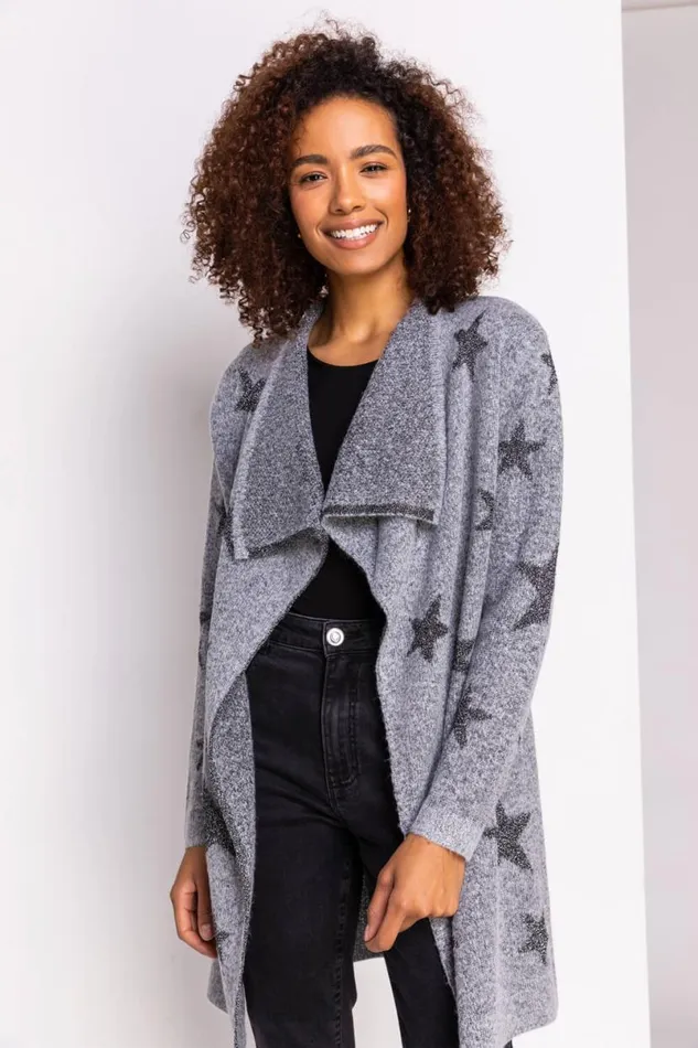 Grey Sparkle Star Waterfall Cardigan Women Roman Knitwear