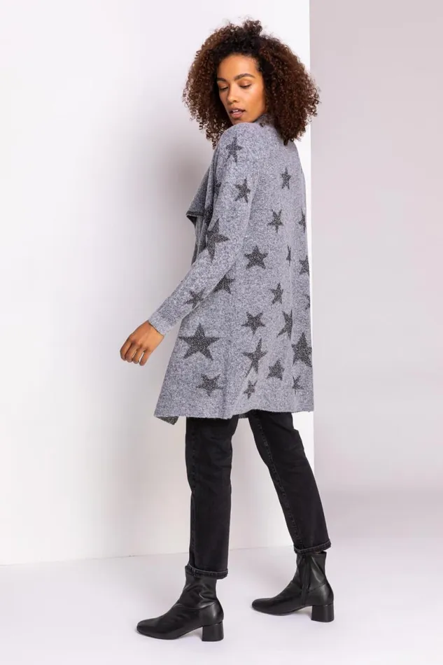 Grey Sparkle Star Waterfall Cardigan Women Roman Knitwear