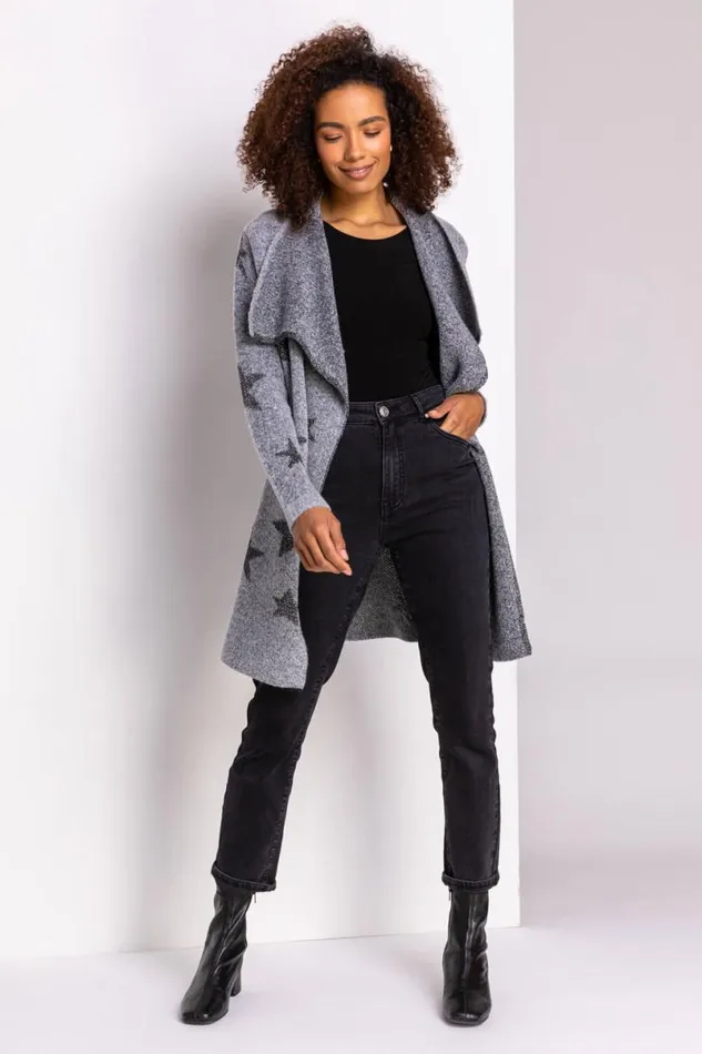 Grey Sparkle Star Waterfall Cardigan Women Roman Knitwear