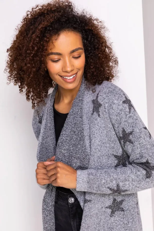 Grey Sparkle Star Waterfall Cardigan Women Roman Knitwear
