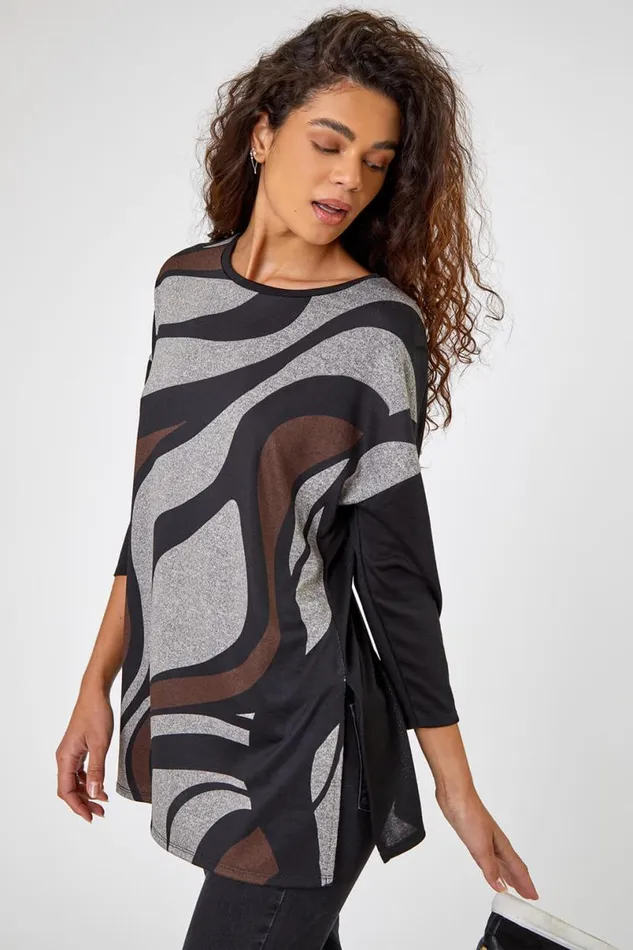 Grey Swirl Print Tunic Top Women Roman Tops