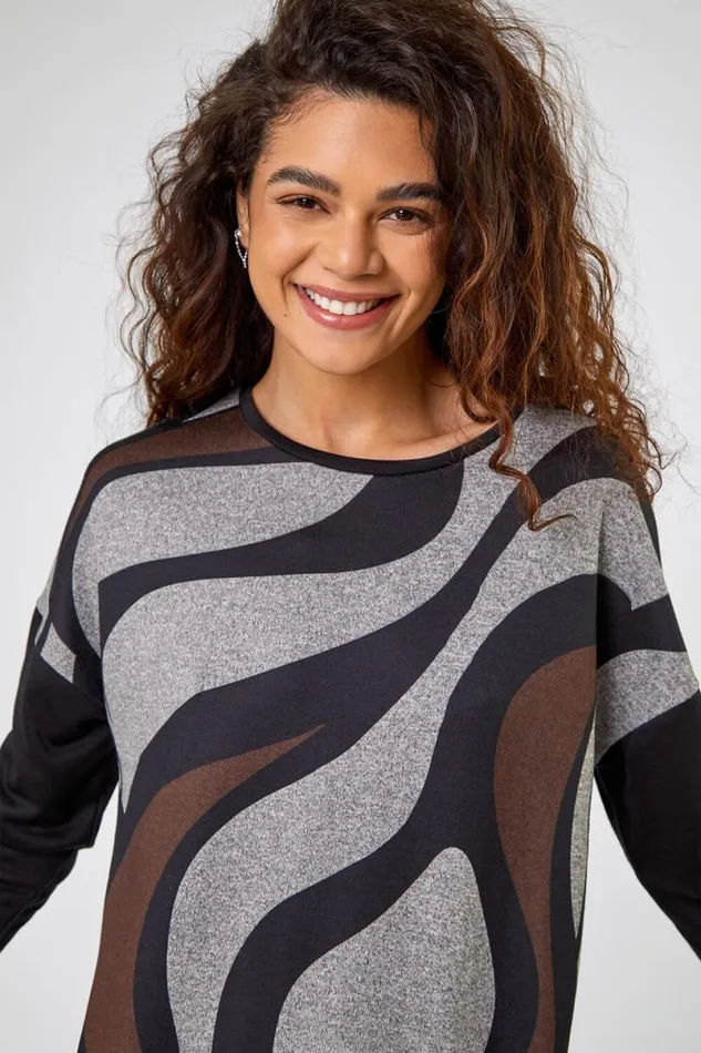 Grey Swirl Print Tunic Top Women Roman Tops