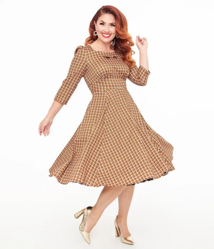 Hearts and Roses Brown Check Daniella Swing Dress Dresses Unique Vintage Pocket Dresses Hearts and Roses Brown Check Daniella Swing Dress Dresses Unique Vintage Pocket Dresses