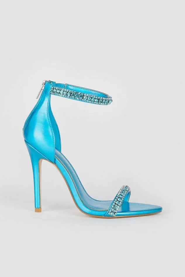 Heels Women Karen Millen Metallic Double Diamante Strap Stiletto Heel Aqua