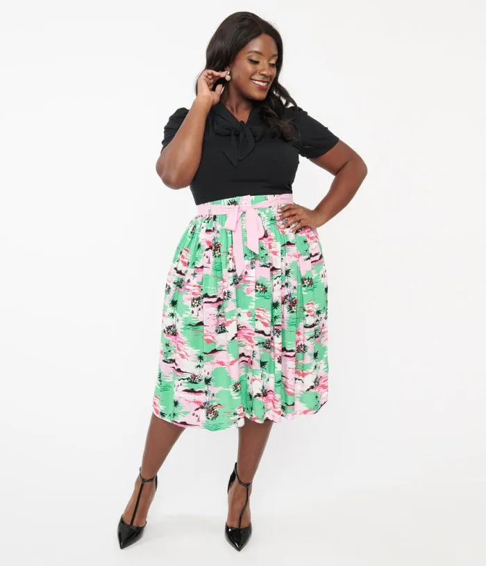 Hell Bunny Plus Size Pink and Green Tropical Print Midi Skirt Clothing Unique Vintage Skirts Hell Bunny Plus Size Pink and Green Tropical Print Midi Skirt Clothing Unique Vintage Skirts