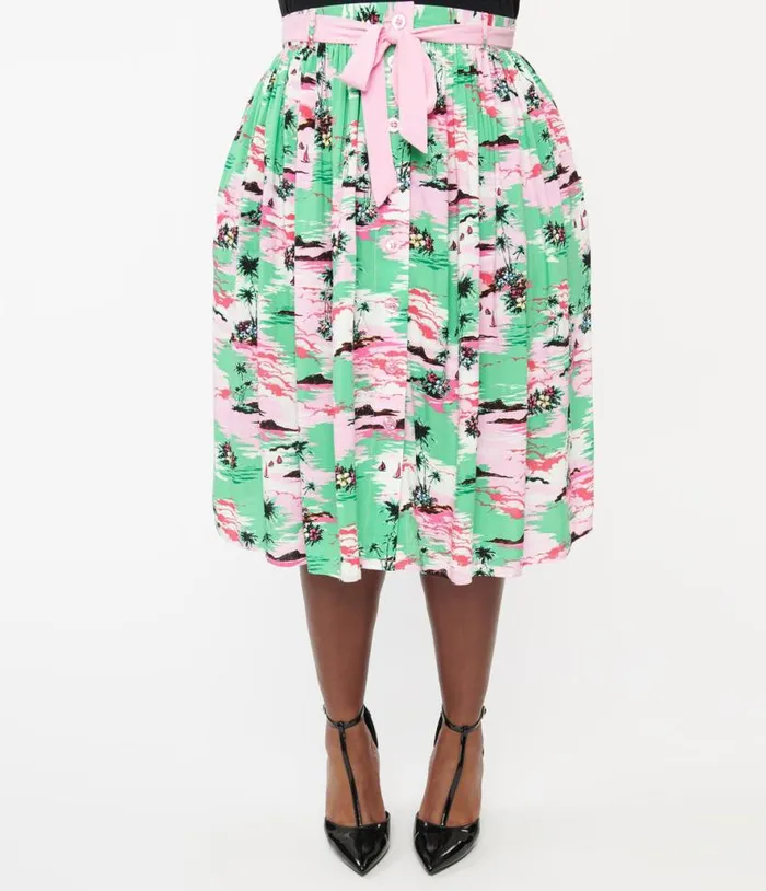 Hell Bunny Plus Size Pink and Green Tropical Print Midi Skirt Clothing Unique Vintage Skirts
