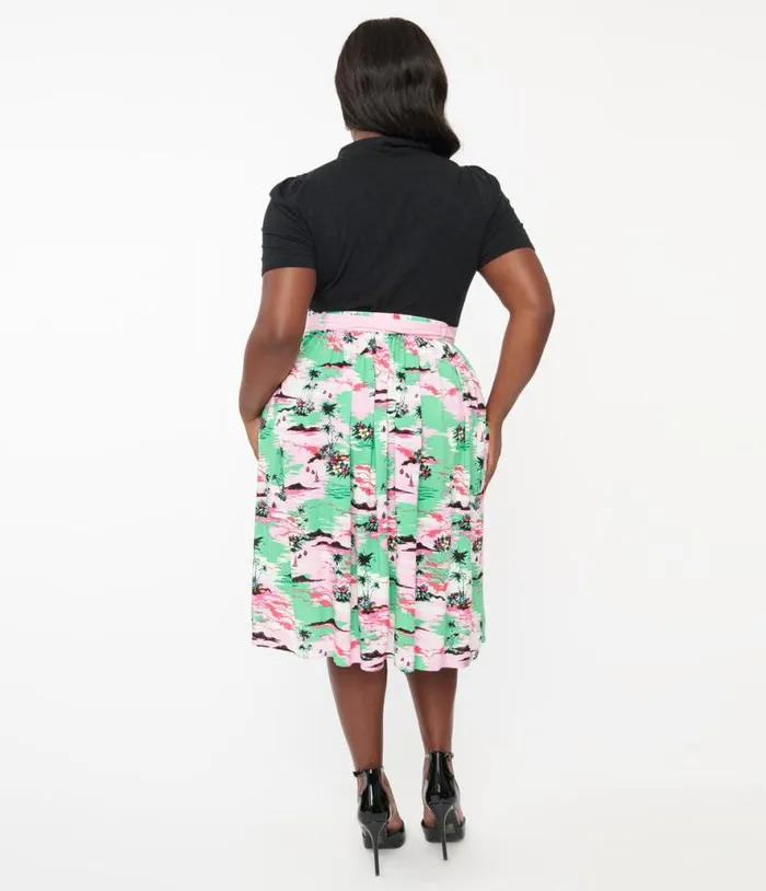 Hell Bunny Plus Size Pink and Green Tropical Print Midi Skirt Clothing Unique Vintage Skirts