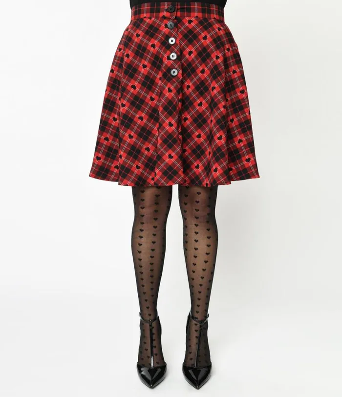Hell Bunny Red and Black Heart Plaid Date Night Skirt ClothingPlus Unique Vintage Skirts