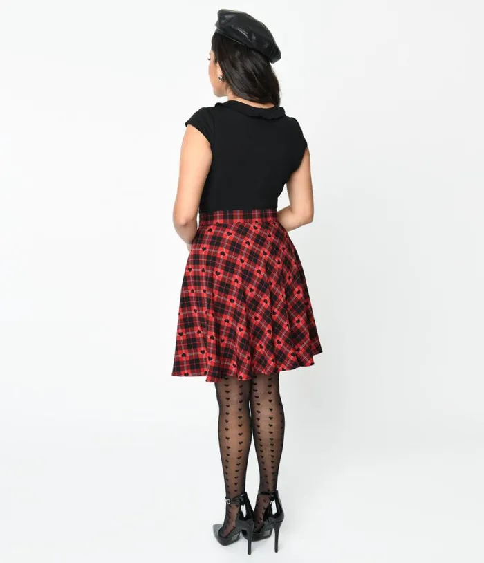 Hell Bunny Red and Black Heart Plaid Date Night Skirt ClothingPlus Unique Vintage Skirts